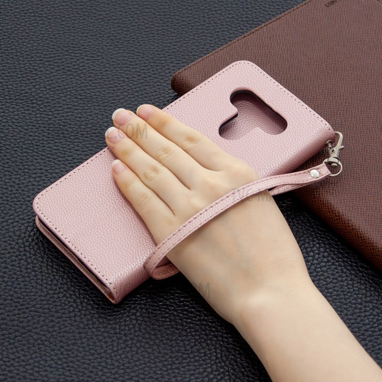 Litchi Texture Leather Shell Phone Cover with Strap for LG K51 - Rose Gold-9