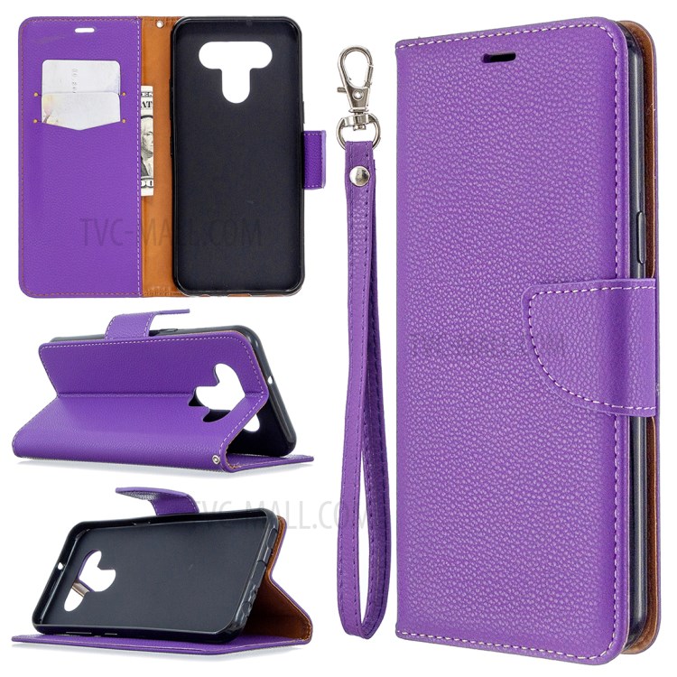 Litchi Texture Leather Shell Phone Cover with Strap for LG K51 - Purple-1