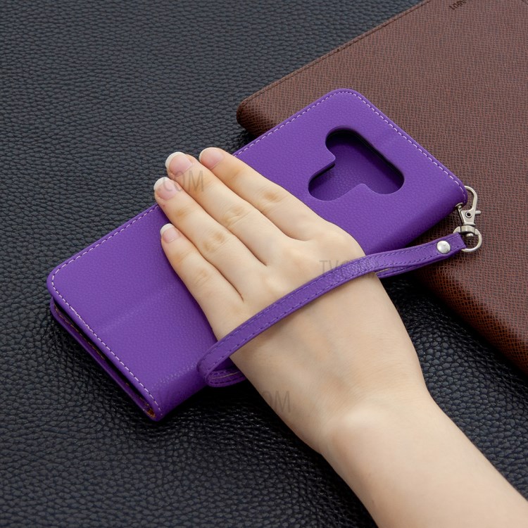 Litchi Texture Leather Shell Phone Cover with Strap for LG K51 - Purple-9
