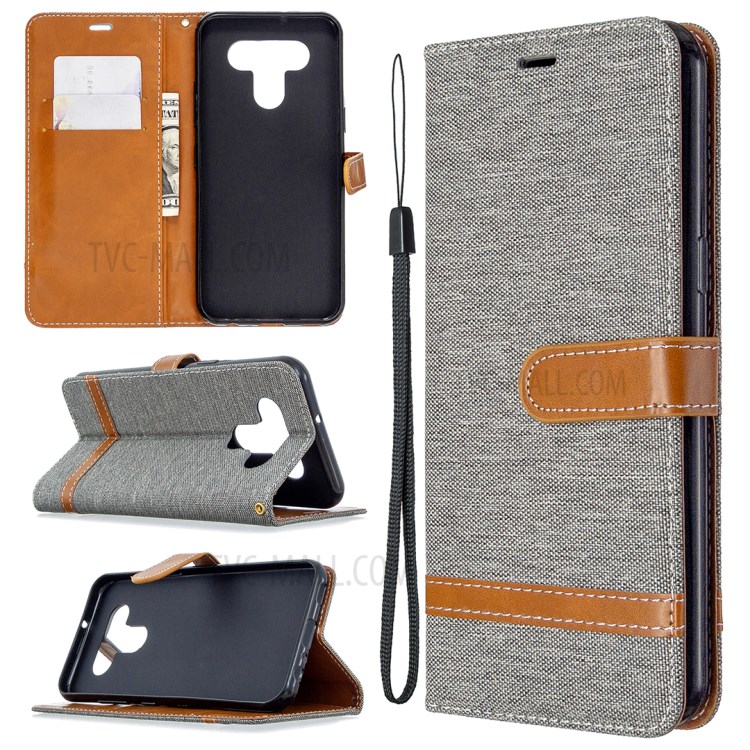 Color Splicing Jeans Cloth Skin Wallet Leather Phone Shell for LG K51 - Grey-1