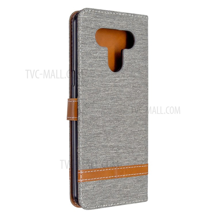 Color Splicing Jeans Cloth Skin Wallet Leather Phone Shell for LG K51 - Grey-3