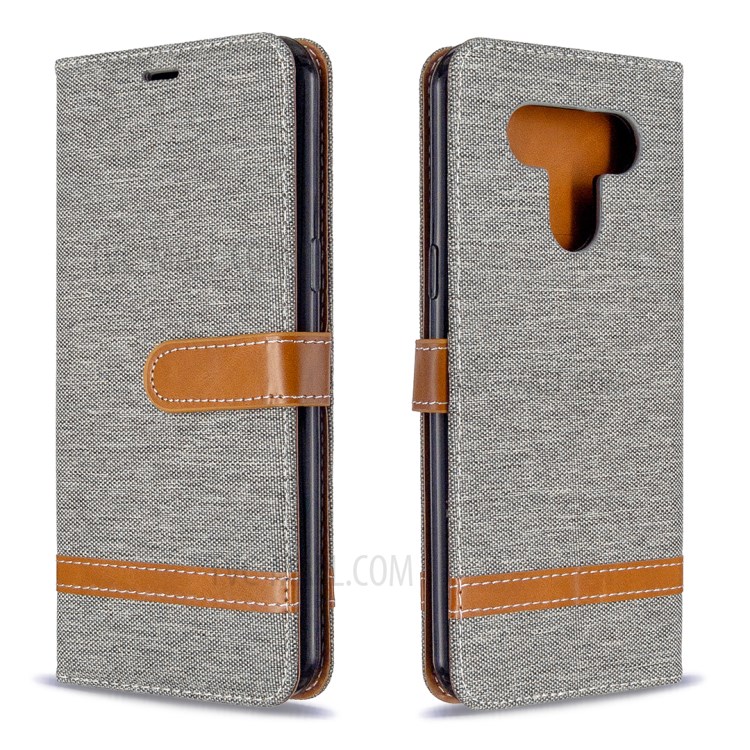 Color Splicing Jeans Cloth Skin Wallet Leather Phone Shell for LG K51 - Grey-4