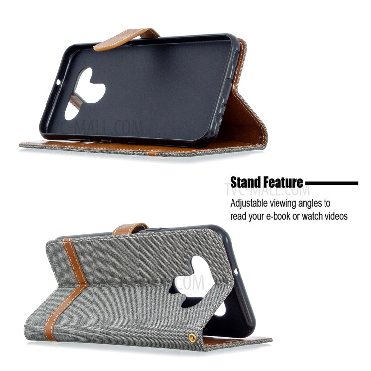 Color Splicing Jeans Cloth Skin Wallet Leather Phone Shell for LG K51 - Grey-5