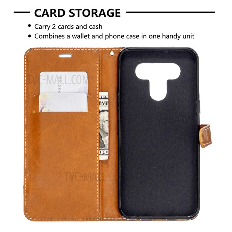 Color Splicing Jeans Cloth Skin Wallet Leather Phone Shell for LG K51 - Grey-6