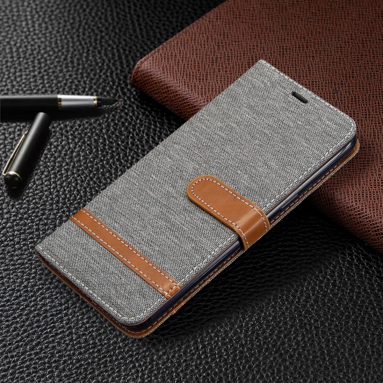 Color Splicing Jeans Cloth Skin Wallet Leather Phone Shell for LG K51 - Grey-7