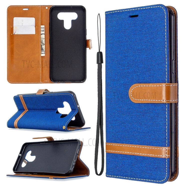 Color Splicing Jeans Cloth Skin Wallet Leather Phone Shell for LG K51 - Baby Blue-1