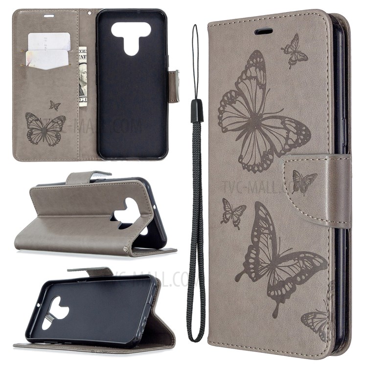 Imprint Butterflies Wallet Stand Flip Leather Phone Shell for LG K51 - Grey-1