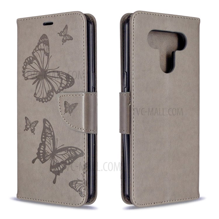 Escudo Do Telefone De Couro Marca Borboletas Estande Carteira Aleta Para LG K51 - Cinzento-4