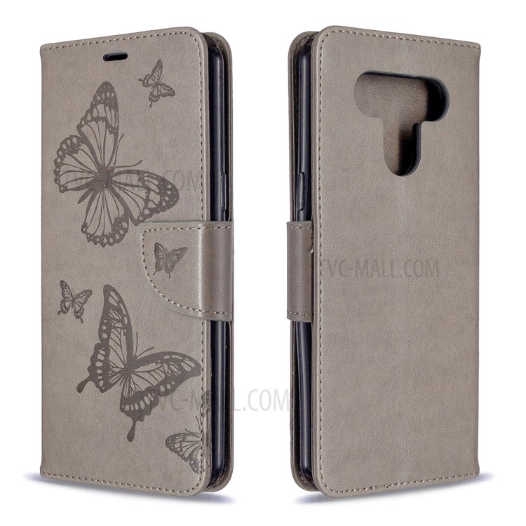 Imprint Butterflies Wallet Stand Flip Leather Phone Shell for LG K51 - Grey-4