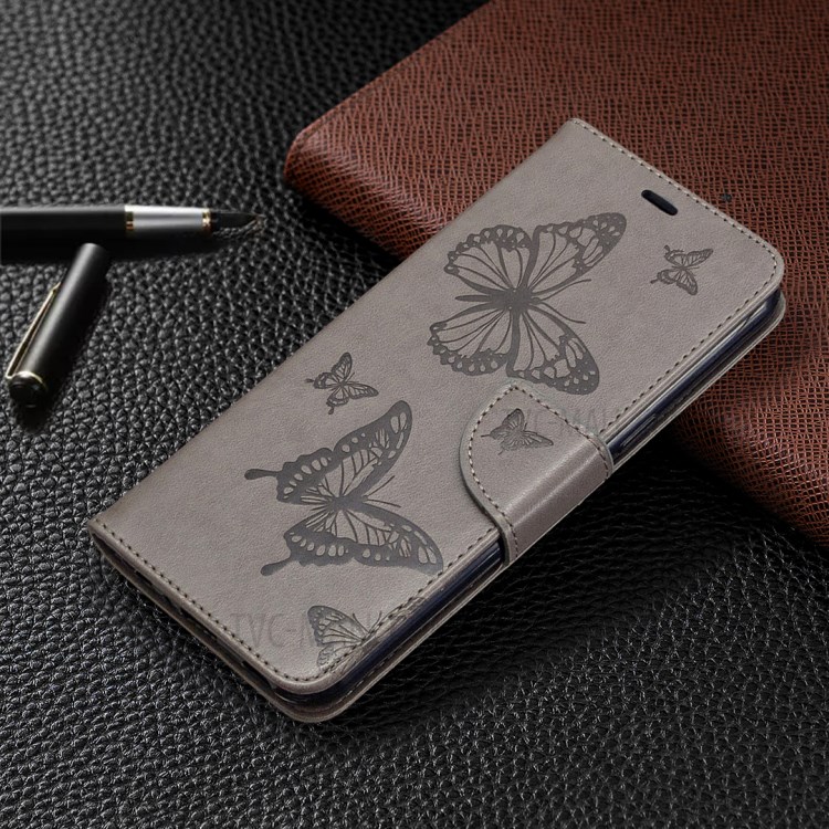 Escudo Do Telefone De Couro Marca Borboletas Estande Carteira Aleta Para LG K51 - Cinzento-7