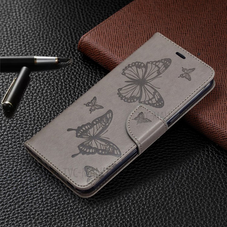 Imprint Butterflies Wallet Stand Flip Leather Phone Shell for LG K51 - Grey-7