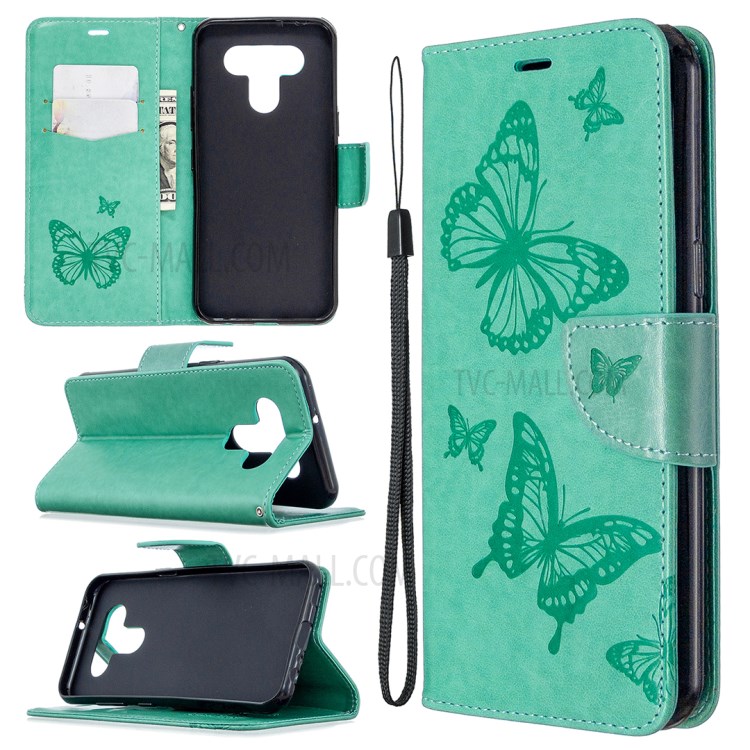 Imprint Butterflies Wallet Stand Flip Leather Phone Shell for LG K51 - Green-1