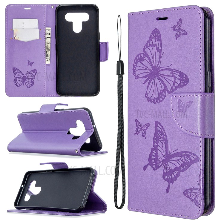Imprint Butterflies Wallet Stand Flip Leather Phone Shell for LG K51 - Purple-1