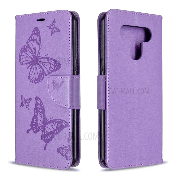 Imprint Butterflies Wallet Stand Flip Leather Phone Shell for LG K51 - Purple-4