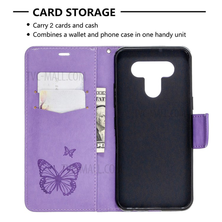 Imprint Butterflies Wallet Stand Flip Leather Phone Shell for LG K51 - Purple-6