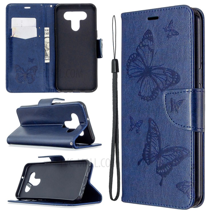 Imprint Butterflies Wallet Stand Flip Leather Phone Shell for LG K51 - Dark Blue-1