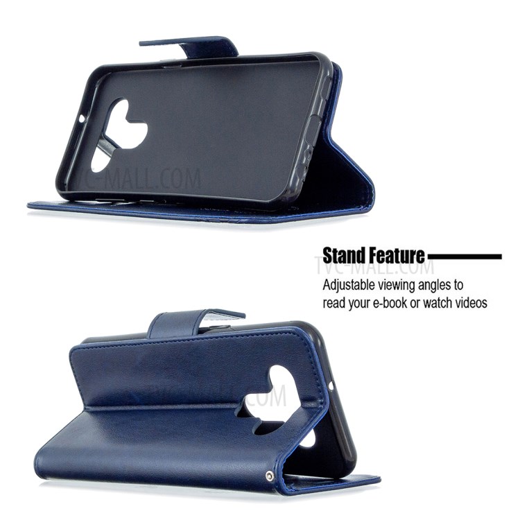 Imprint Butterflies Wallet Stand Flip Leather Phone Shell for LG K51 - Dark Blue-5