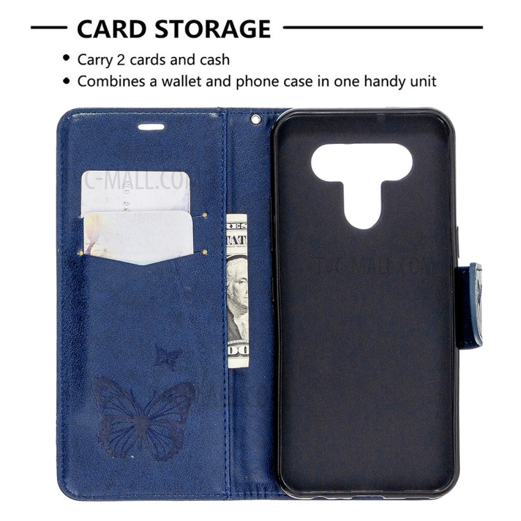 Imprint Butterflies Wallet Stand Flip Leather Phone Shell for LG K51 - Dark Blue-6