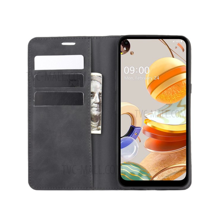 Silky Touch Skin Leather with Wallet Shell Phone Case for LG K61 - Black-3