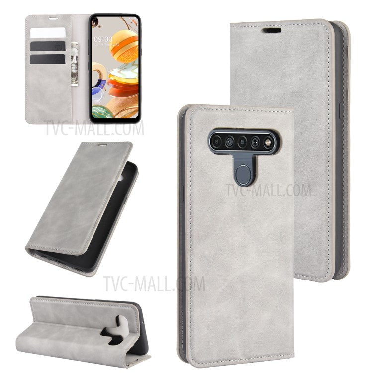 Silky Touch Skin Leather with Wallet Shell Phone Case for LG K61 - Grey-1