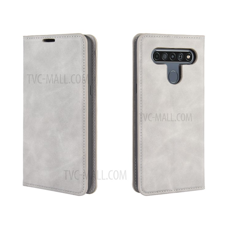 Silky Touch Skin Leather with Wallet Shell Phone Case for LG K61 - Grey-5