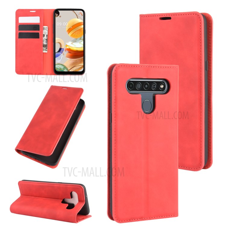Silky Touch Skin Leather with Wallet Shell Phone Case for LG K61 - Red-1