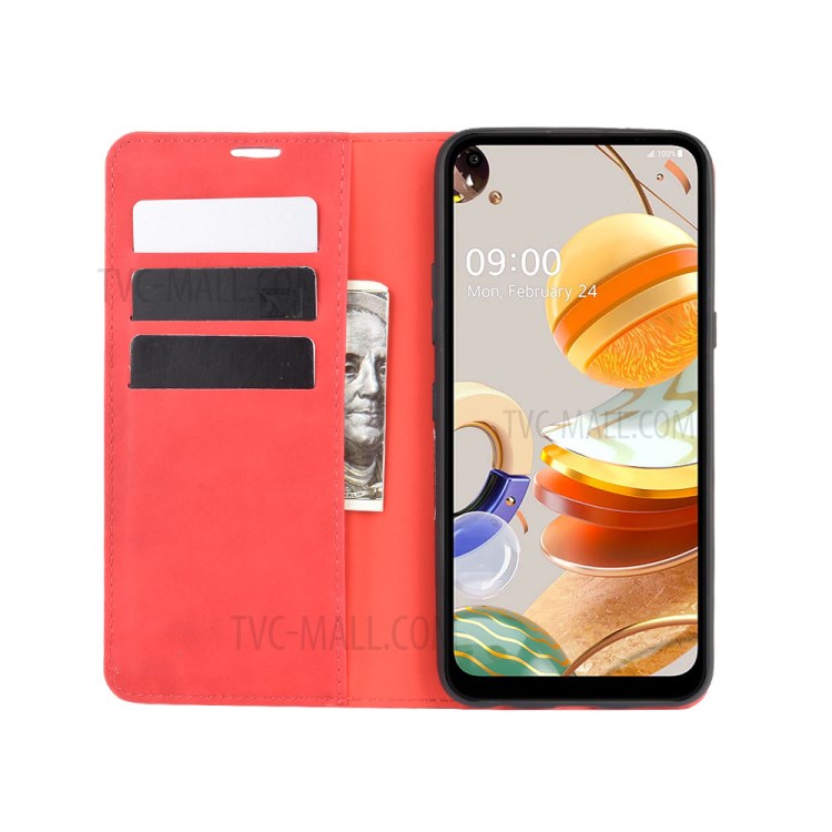Silky Touch Skin Leather with Wallet Shell Phone Case for LG K61 - Red-3