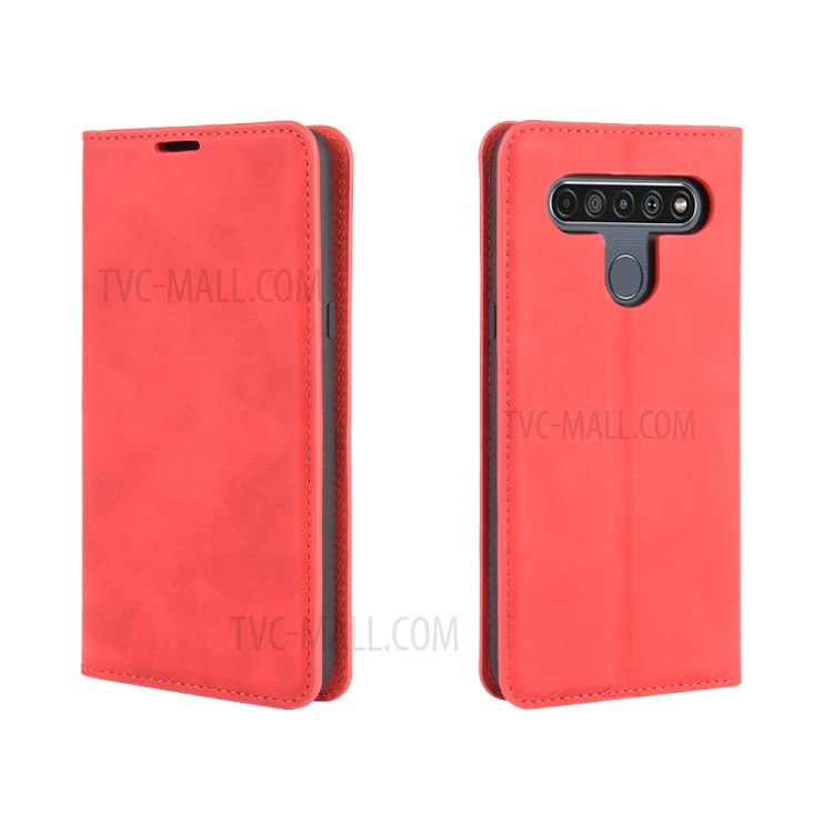 Silky Touch Skin Leather with Wallet Shell Phone Case for LG K61 - Red-5