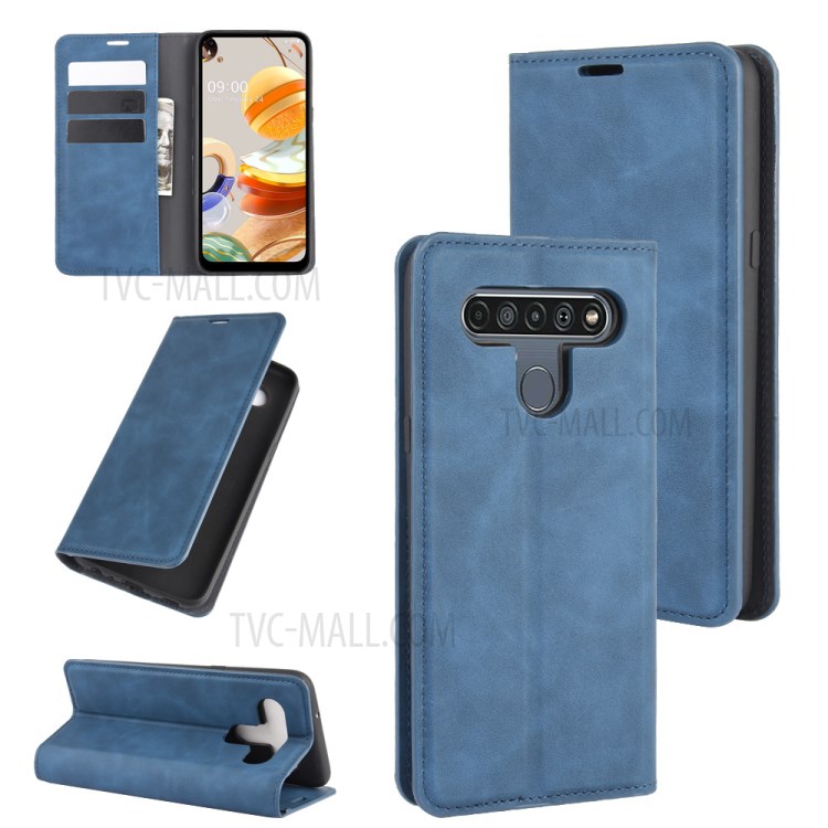 Silky Touch Skin Leather with Wallet Shell Phone Case for LG K61 - Blue-1