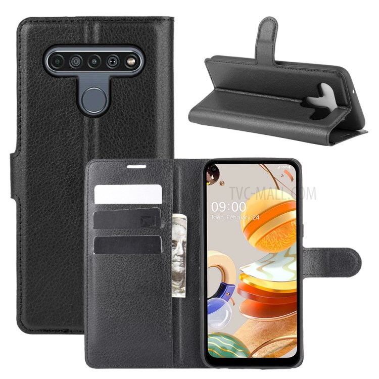 Litchi Skin Leather with Stand Unique Case for LG K61 - Black-1
