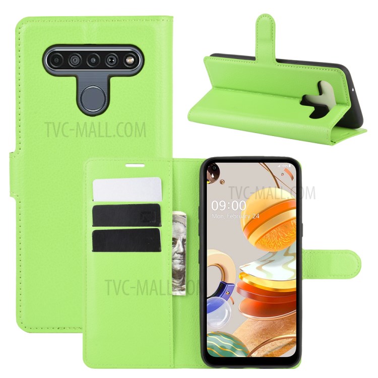 Litchi Skin Leather with Stand Unique Case for LG K61 - Green-1