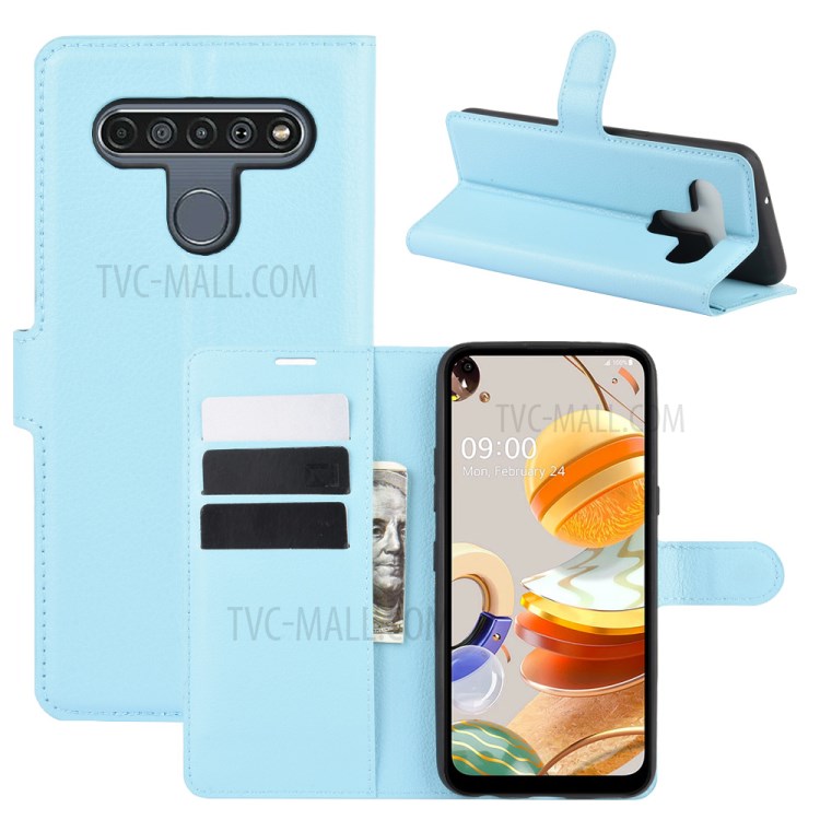 Litchi Skin Leather with Stand Unique Case for LG K61 - Blue-1