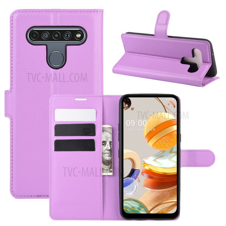Litchi Skin Leather with Stand Unique Case for LG K61 - Purple-1