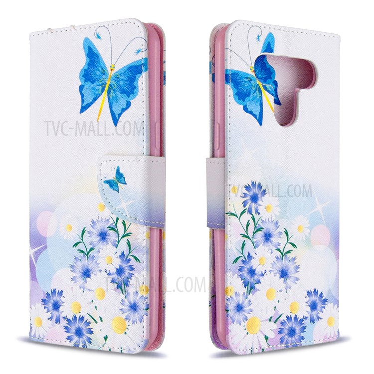 Pattern Printing Leather Wallet Case for LG K51 - Blue Butterfly and Flowers-4