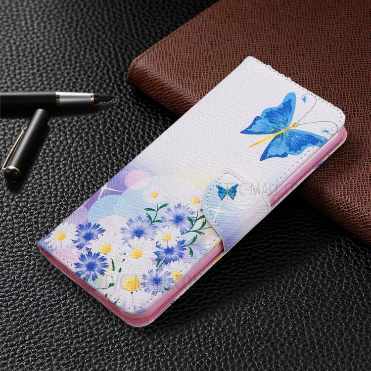 Pattern Printing Leather Wallet Case for LG K51 - Blue Butterfly and Flowers-7