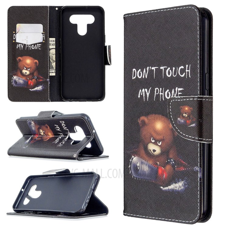Pattern Printing Leather Wallet Case for LG K51 - Brown Bear and Warning Words-1