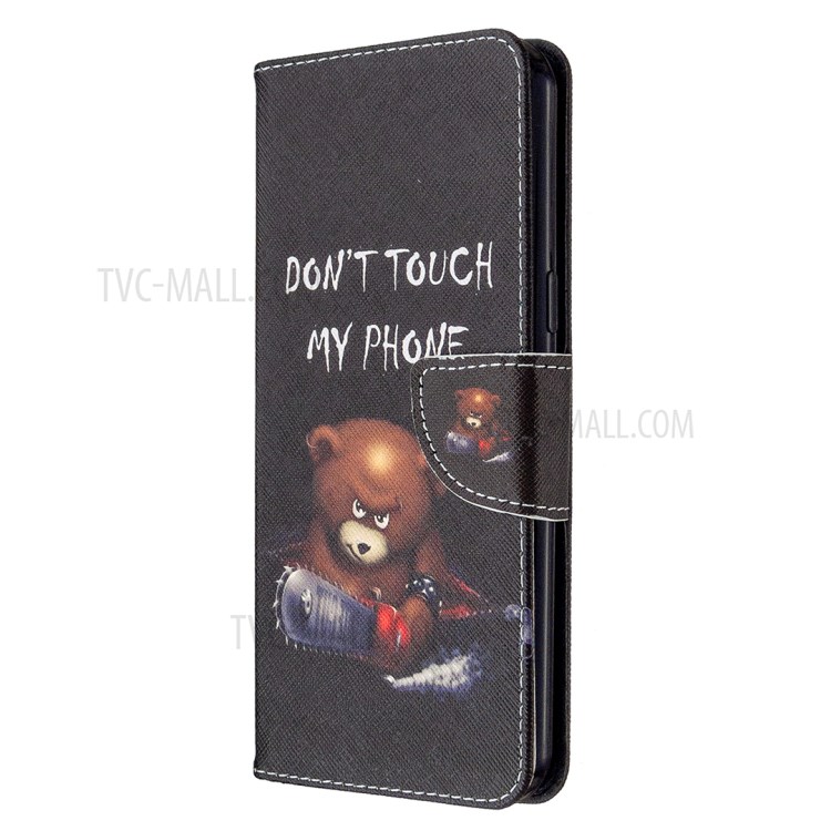Pattern Printing Leather Wallet Case for LG K51 - Brown Bear and Warning Words-2