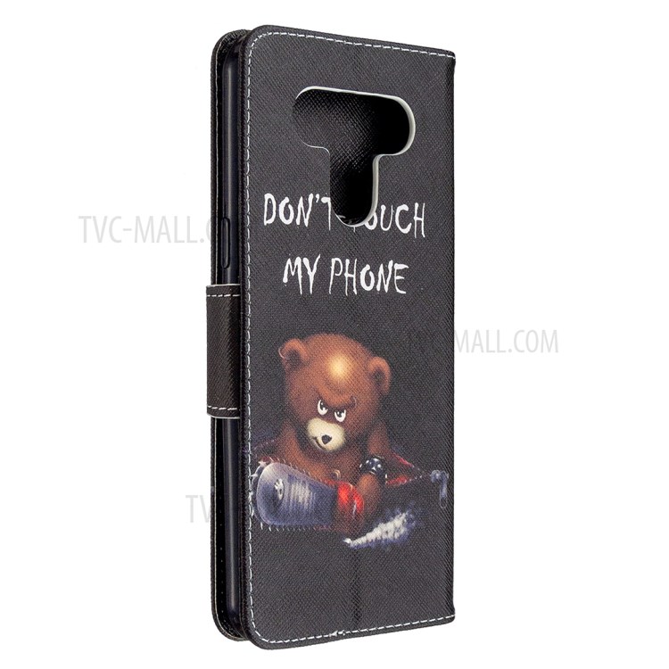 Pattern Printing Leather Wallet Case for LG K51 - Brown Bear and Warning Words-3