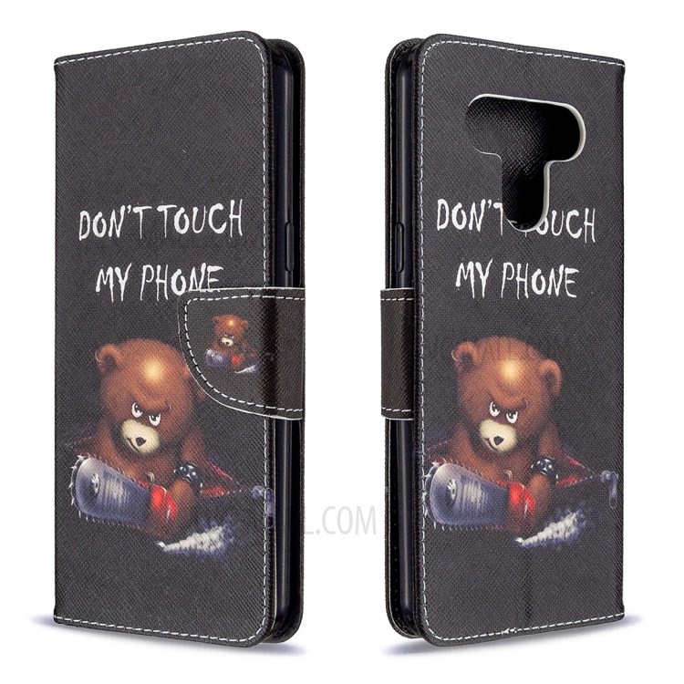 Pattern Printing Leather Wallet Case for LG K51 - Brown Bear and Warning Words-4