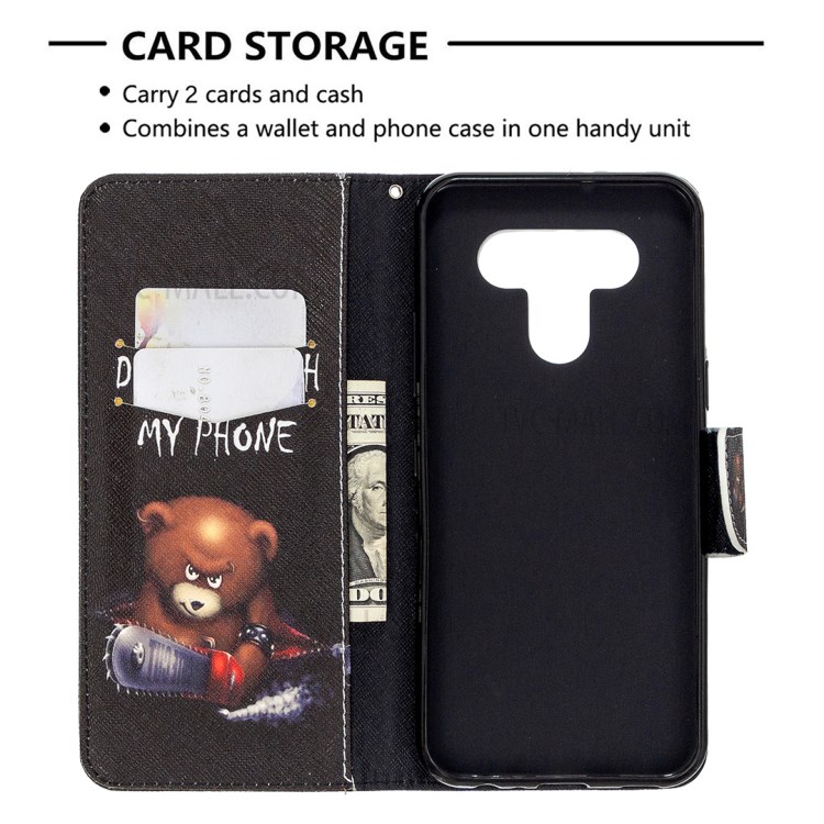 Pattern Printing Leather Wallet Case for LG K51 - Brown Bear and Warning Words-6