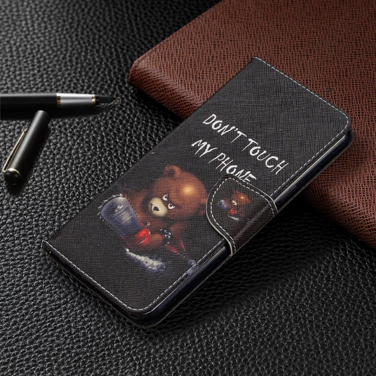 Pattern Printing Leather Wallet Case for LG K51 - Brown Bear and Warning Words-7