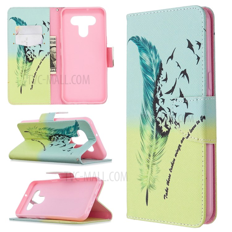 Pattern Printing Leather Wallet Case for LG K51 - Feather Pattern-1