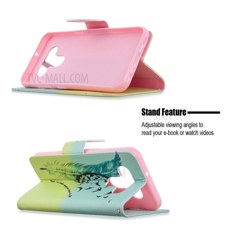 Pattern Printing Leather Wallet Case for LG K51 - Feather Pattern-5
