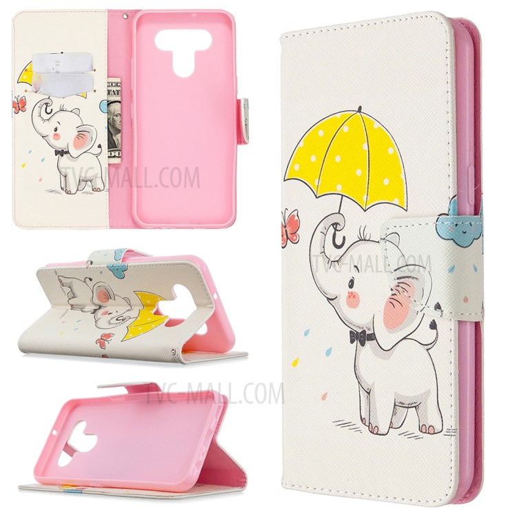 Pattern Printing Leather Stand Case with Card Slots for LG K51 - Elephant Holding an Umbrella-1