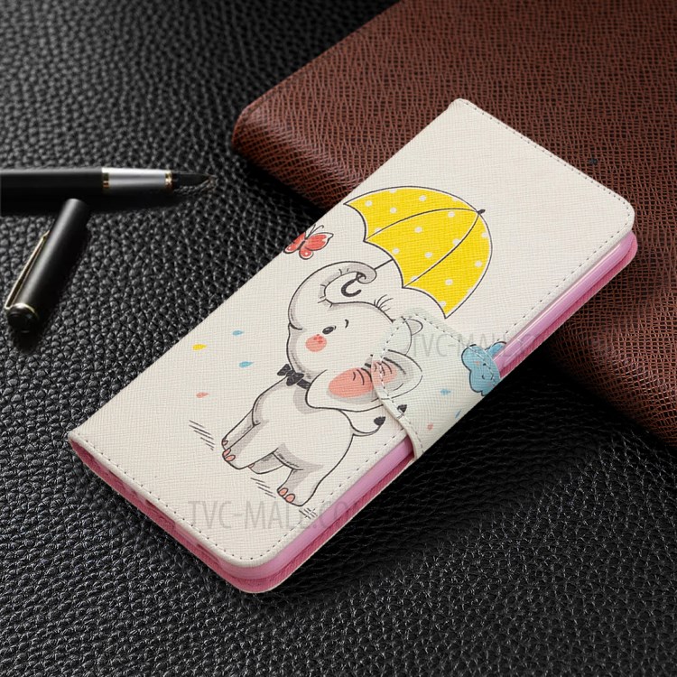 Pattern Printing Leather Stand Case with Card Slots for LG K51 - Elephant Holding an Umbrella-7