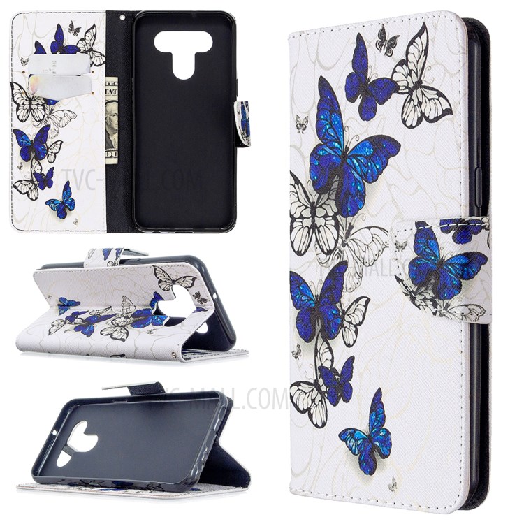 Pattern Printing Leather Stand Case with Card Slots for LG K51 - Blue Butterflies-1