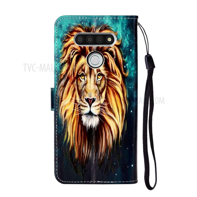 Embossed Patterned Wallet Leather Phone Shell with Strap for LG K51 - Lion-4