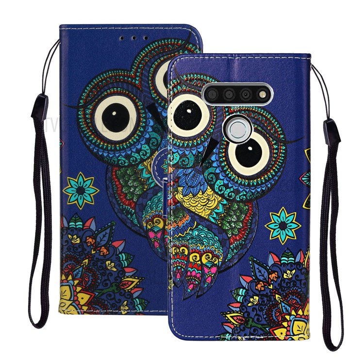 Embossed Patterned Wallet Leather Phone Shell with Strap for LG K51 - Owl-1