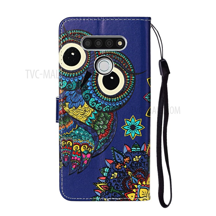 Embossed Patterned Wallet Leather Phone Shell with Strap for LG K51 - Owl-4