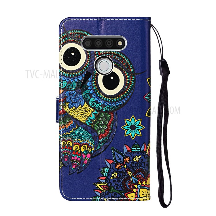 Embossed Patterned Wallet Leather Phone Shell with Strap for LG K51 - Owl-4